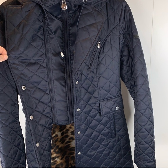 Laundry by Shelli Segal Black Puffer Coat Removable Hood Cheetah Lining sz XS - Picture 3 of 14